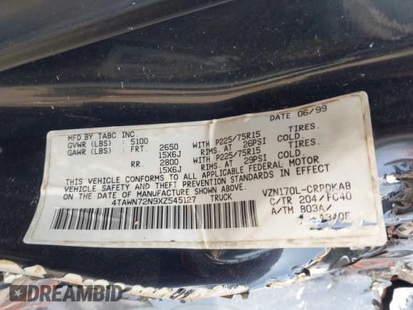 ✅ 1999 Toyota Tacoma • VIN: 4TAWN72N9XZ545127 • Lot: 43714609. Listed on IAAI with Not provided. Free auction sales archive from the USA and detailed vehicle history report at DreamBid. Image 9.