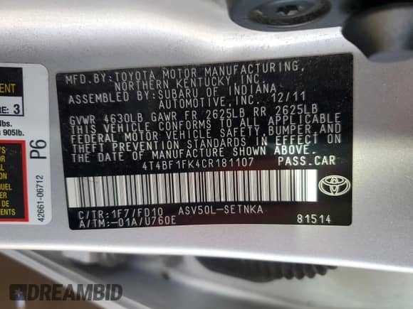 2012 Toyota Camry LE with VIN 4T4BF1FK4CR181107, listed as a Copart auction lot 86595015 with 228,038 mi miles and Clean title. Bid and sale history available at DreamBid. Image 12.