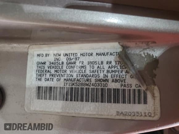 ✅ 1998 Chevrolet Prizm Lsi • VIN: 1Y1SK5288WZ403310 • Lot: 83931875. Wystawiony na Copart z przebiegiem 112 491 mil. Bezpłatny archiwum sprzedaży aukcyjnych z USA i szczegółowy raport historii pojazdu na DreamBid. Zdjęcie 12.