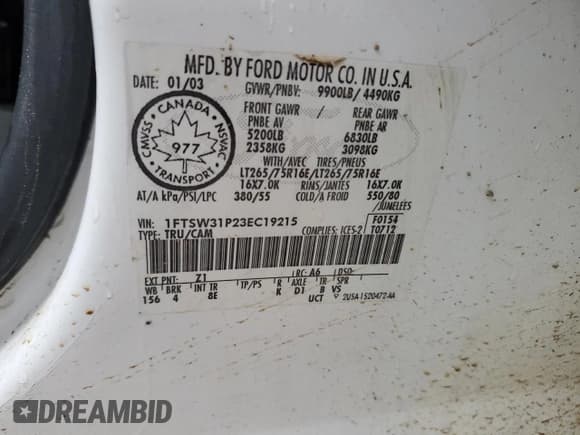 ✅ 2003 Ford F-350 XL • VIN: 1FTSW31P23EC19215 • Lot: 87264274. Listed on Copart with 290,656 mi. Free auction sales archive from the USA and detailed vehicle history report at DreamBid. Image 13.