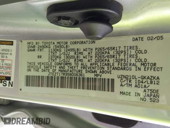 ✅ 2005 Toyota 4Runner Limited • VIN: JTEZT17R958006361 • Лот: 41924685. Опубликован ранее на IAAI с пробегом 218 589 миль. Бесплатный доступ к архиву аукционных продаж из США и подробный отчёт об истории автомобиля на DreamBid. Изображение 9.