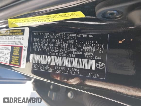 ✅ 2012 Toyota Avalon • VIN: 4T1BK3DB7CU457980 • Lot: 43668060. Listed on IAAI with 89,930 mi. Free auction sales archive from the USA and detailed vehicle history report at DreamBid. Image 9.