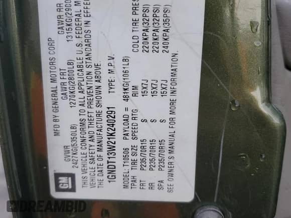 2001 Chevrolet Blazer LT z VIN 1GNDT13W21K240291, wystawiony jako Copart lot #76192674 z przebiegiem 227 111 mil mil oraz Szkoda całkowita • Salvage title. Historia ofert i sprzedaży dostępna na DreamBid. Obrazek 13.