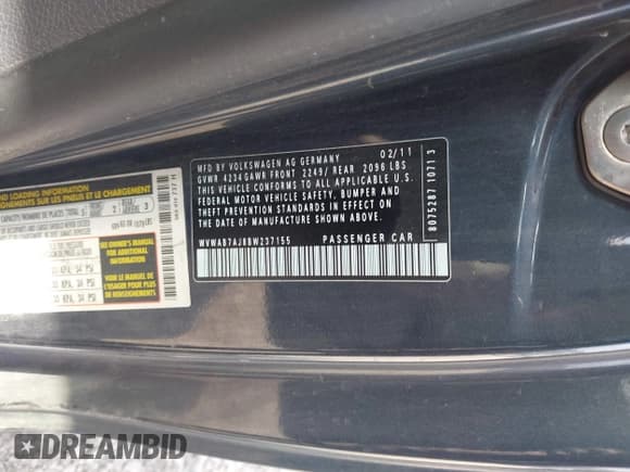 ✅ 2011 Volkswagen Golf • VIN: WVWAB7AJ8BW237155 • Lot: 42924826. Listed on IAAI with 149,268 mi. Free auction sales archive from the USA and detailed vehicle history report at DreamBid. Image 9.