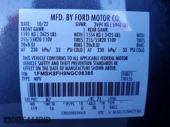 2022 Ford Explorer Limited z VIN 1FMSK8FH9NGC08385, wystawiony jako Copart lot #67083145 z przebiegiem 20 961 mil mil oraz Szkoda całkowita • Salvage title. Historia ofert i sprzedaży dostępna na DreamBid. Obrazek 13.