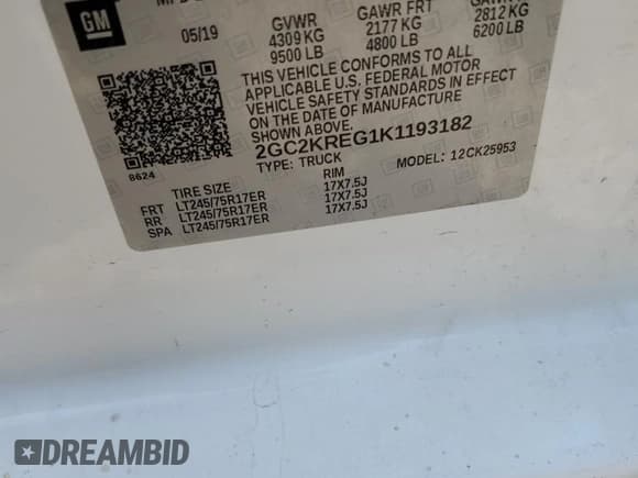 ✅ 2019 Chevrolet Silverado 2500HD Work Truck • VIN: 2GC2KREG1K1193182 • Lot: 91037675. Wystawiony na Copart z przebiegiem 148 052 mil. Bezpłatny archiwum sprzedaży aukcyjnych z USA i szczegółowy raport historii pojazdu na DreamBid. Zdjęcie 12.