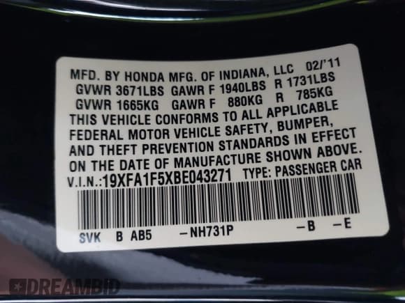 ✅ 2011 Honda Civic LX • VIN: 19XFA1F5XBE043271 • Lot: 43735028. Listed on IAAI with 110,317 mi. Free auction sales archive from the USA and detailed vehicle history report at DreamBid. Image 9.