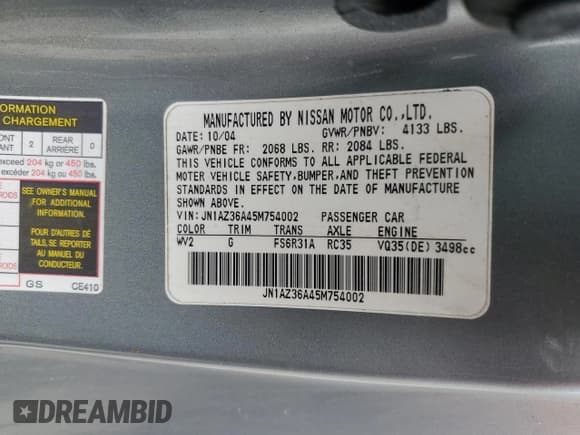 ✅ 2005 Nissan 350Z Touring • VIN: JN1AZ36A45M754002 • Lot: 57503195. Listed on Copart with 119,217 mi. Free auction sales archive from the USA and detailed vehicle history report at DreamBid. Image 12.