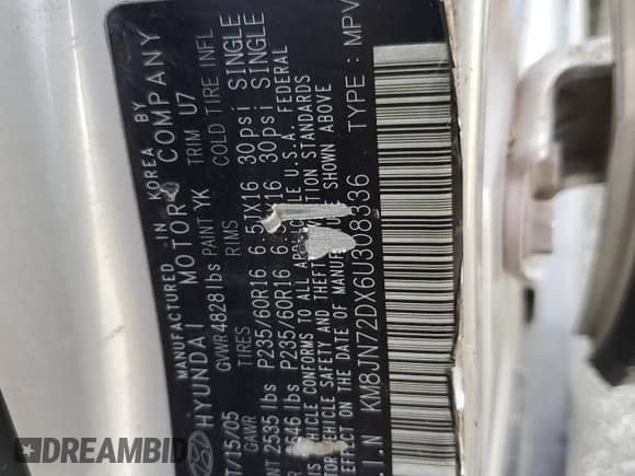 2006 Hyundai Tucson GLS with VIN KM8JN72DX6U308336, listed as a Copart auction lot 72751384 with 177,227 mi miles and Clean title. Bid and sale history available at DreamBid. Image 13.