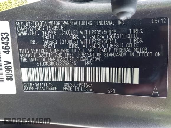 ✅ 2012 Toyota Sienna SE • VIN: 5TDXK3DCXCS258915 • Lot: 42884001. Listed on IAAI with 282,094 mi. Free auction sales archive from the USA and detailed vehicle history report at DreamBid. Image 9.