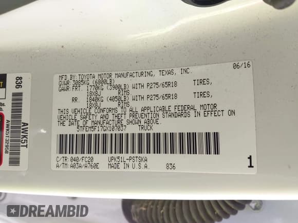 ✅ 2016 Toyota Tundra SR5 • VIN: 5TFEM5F17GX107037 • Lot: 43565837. Listed on IAAI with 160,833 mi. Free auction sales archive from the USA and detailed vehicle history report at DreamBid. Image 9.