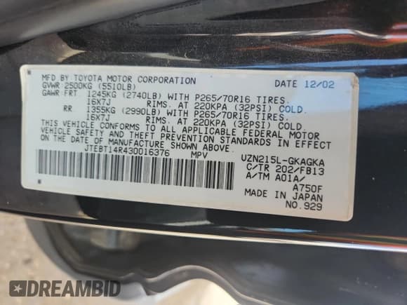 ✅ 2003 Toyota 4Runner SR5 • VIN: JTEBT14R430016376 • Lot: 81472955. Listed on Copart with 203,125 mi. Free auction sales archive from the USA and detailed vehicle history report at DreamBid. Image 12.