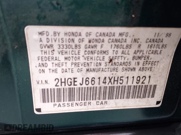 ✅ 1999 Honda Civic VP • VIN: 2HGEJ6614XH511921 • Lot: 42377142. Listed on IAAI with 109,156 mi. Free auction sales archive from the USA and detailed vehicle history report at DreamBid. Image 9.