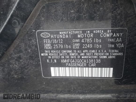 ✅ 2012 Hyundai Azera • VIN: KMHFG4JG0CA138138 • Lot: 43140268. Listed on IAAI with 102,099 mi. Free auction sales archive from the USA and detailed vehicle history report at DreamBid. Image 9.