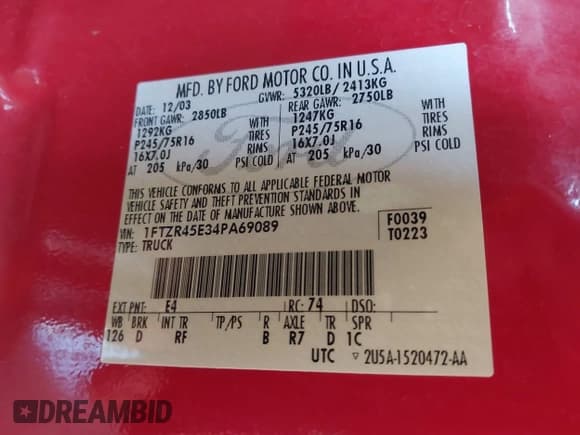 ✅ 2004 Ford Ranger XL Fleet • VIN: 1FTZR45E34PA69089 • Lot: 42964703. Wystawiony na IAAI z przebiegiem 141 045 mil. Bezpłatny archiwum sprzedaży aukcyjnych z USA i szczegółowy raport historii pojazdu na DreamBid. Zdjęcie 9.