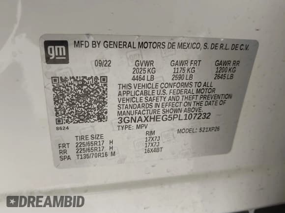 ✅ 2023 Chevrolet Equinox LS • VIN: 3GNAXHEG5PL107232 • Lot: 43406877. Listed on IAAI with 83,576 mi. Free auction sales archive from the USA and detailed vehicle history report at DreamBid. Image 9.