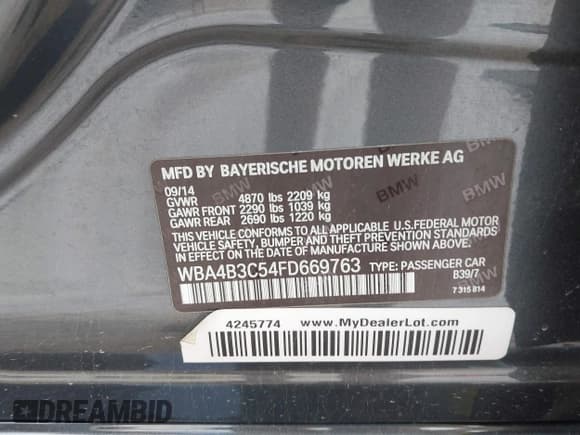 ✅ 2015 BMW 4 Series 435i xDrive • VIN: WBA4B3C54FD669763 • Lot: 42962391. Listed on IAAI with 115,375 mi. Free auction sales archive from the USA and detailed vehicle history report at DreamBid. Image 9.