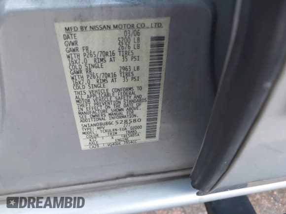 ✅ 2006 Nissan Xterra S • VIN: 5N1AN08U86C528580 • Lot: 43016448. Listed on IAAI with 188,455 mi. Free auction sales archive from the USA and detailed vehicle history report at DreamBid. Image 9.