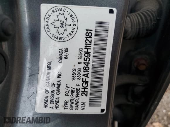 ✅ 2009 Honda Civic DX-G • VIN: 2HGFA16459H112181 • Лот: 84950655. Опубликован ранее на Copart с пробегом 226 758 миль. Бесплатный доступ к архиву аукционных продаж из США и подробный отчёт об истории автомобиля на DreamBid. Изображение 13.