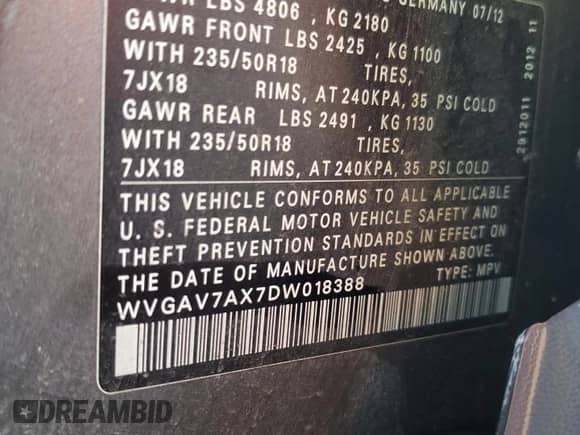 2013 Volkswagen Tiguan SE z VIN WVGAV7AX7DW018388, wystawiony jako Copart lot #56188045 z przebiegiem 98 066 mil mil oraz Szkoda całkowita • Salvage title. Historia ofert i sprzedaży dostępna na DreamBid. Obrazek 12.