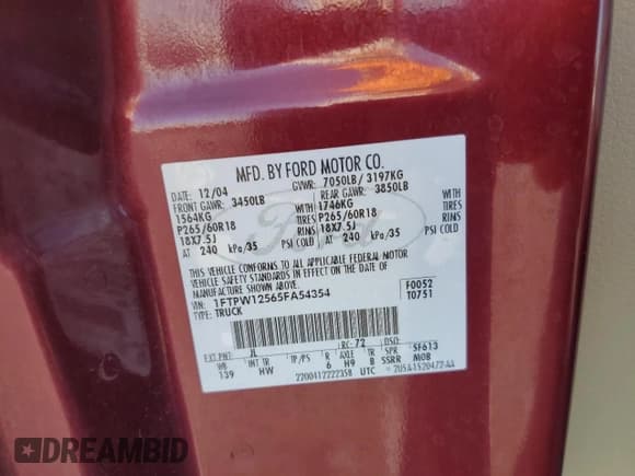 ✅ 2005 Ford F-150 XLT • VIN: 1FTPW12565FA54354 • Лот: 82781855. Опубликован ранее на Copart с пробегом 178 689 миль. Бесплатный доступ к архиву аукционных продаж из США и подробный отчёт об истории автомобиля на DreamBid. Изображение 12.