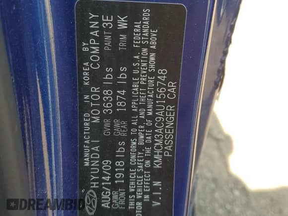 2010 Hyundai Accent GS with VIN KMHCM3AC9AU156748, listed as a Copart auction lot 68493014 with 124,228 mi miles and Salvage title. Bid and sale history available at DreamBid. Image 12.