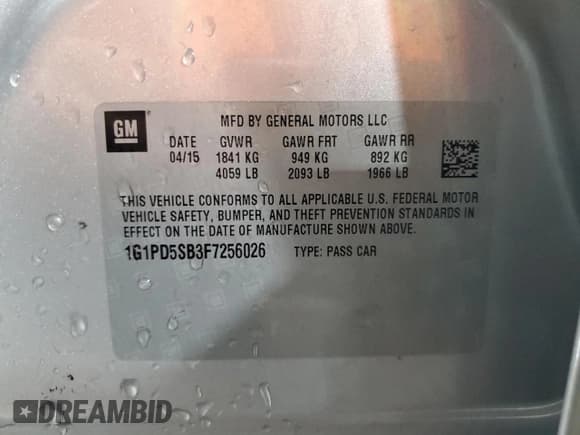 ✅ 2015 Chevrolet Cruze LT • VIN: 1G1PD5SB3F7256026 • Lot: 85897685. Listed on Copart with 117,495 mi. Free auction sales archive from the USA and detailed vehicle history report at DreamBid. Image 13.