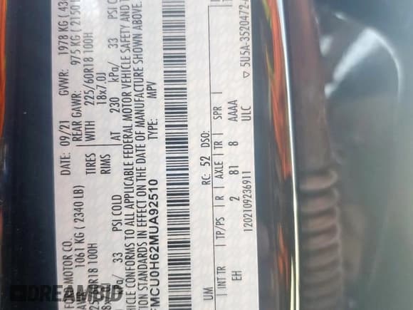 ✅ 2021 Ford Escape SEL • VIN: 1FMCU0H62MUA92510 • Lot: 56734115. Listed on Copart with 37,591 mi. Free auction sales archive from the USA and detailed vehicle history report at DreamBid. Image 12.