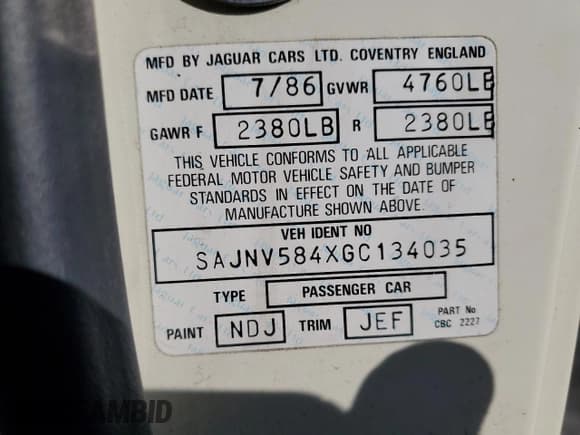 ✅ 1986 Jaguar XJ • VIN: SAJNV584XGC134035 • Lot: 56906985. Wystawiony na Copart z przebiegiem 22 429 mil. Bezpłatny archiwum sprzedaży aukcyjnych z USA i szczegółowy raport historii pojazdu na DreamBid. Zdjęcie 12.
