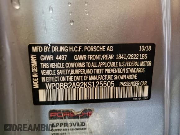 ✅ 2019 Porsche 911 4S • VIN: WP0BB2A92KS125505 • Lot: 76065574. Listed on Copart with 37,305 mi. Free auction sales archive from the USA and detailed vehicle history report at DreamBid. Image 12.