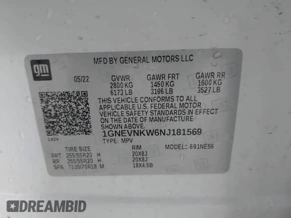 2022 Chevrolet Traverse High Country z VIN 1GNEVNKW6NJ181569, wystawiony jako IAAI lot #43291682 z przebiegiem 25 120 mil mil oraz . Historia ofert i sprzedaży dostępna na DreamBid. Obrazek 9.