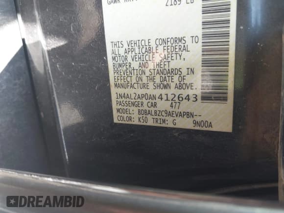 ✅ 2010 Nissan Altima SL • VIN: 1N4AL2AP0AN412643 • Lot: 43159010. Listed on IAAI with 197,073 mi. Free auction sales archive from the USA and detailed vehicle history report at DreamBid. Image 9.