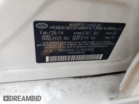 ✅ 2014 Hyundai Sonata GLS • VIN: 5NPEB4AC1EH905969 • Lot: 62067864. Listed on Copart with Not provided. Free auction sales archive from the USA and detailed vehicle history report at DreamBid. Image 12.