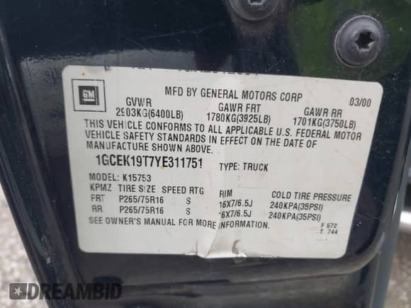 2000 Chevrolet Silverado 1500 LS с VIN 1GCEK19T7YE311751, выставлен на аукционе IAAI как лот 43284726 с пробегом 177 615 миль миль и . История ставок и продаж доступна на DreamBid. Изображение 9.