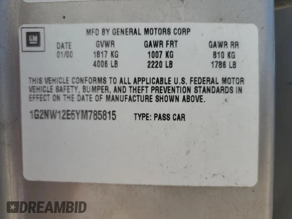 ✅ 2000 Pontiac Grand Am GT • VIN: 1G2NW12E6YM785815 • Lot: 56469395. Listed on Copart with 220,249 mi. Free auction sales archive from the USA and detailed vehicle history report at DreamBid. Image 13.