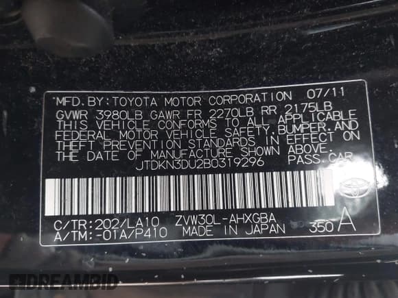 ✅ 2011 Toyota Prius I • VIN: JTDKN3DU2B0319296 • Lot: 43571288. Listed on IAAI with 338,750 mi. Free auction sales archive from the USA and detailed vehicle history report at DreamBid. Image 9.