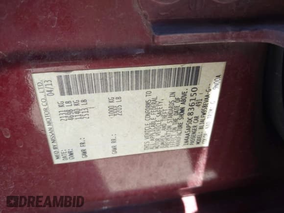 ✅ 2013 Nissan Maxima S • VIN: 1N4AA5AP5DC836150 • Lot: 42709973. Listed on IAAI with 215,147 mi. Free auction sales archive from the USA and detailed vehicle history report at DreamBid. Image 9.