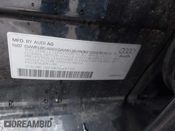 ✅ 2008 Audi A4 2.0T • VIN: WAUBF78EX8A089756 • Lot: 43743882. Listed on IAAI with 151,065 mi. Free auction sales archive from the USA and detailed vehicle history report at DreamBid. Image 9.