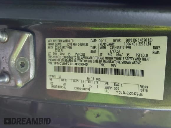 ✅ 2014 Ford Escape S • VIN: 1FMCU0F77EUD05545 • Lot: 43666213. Listed on IAAI with Not provided. Free auction sales archive from the USA and detailed vehicle history report at DreamBid. Image 9.