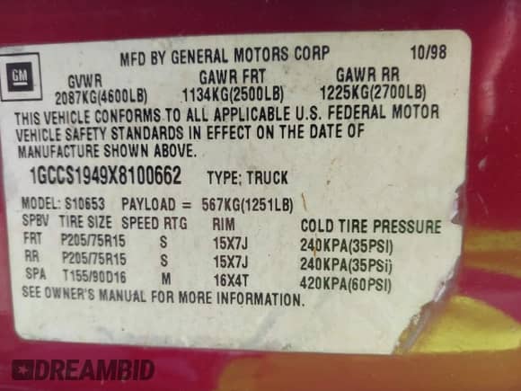 1999 Chevrolet S-10 LS Xtreme с VIN 1GCCS1949X8100662, выставлен на аукционе IAAI как лот 42032452 с пробегом 177 636 миль миль и . История ставок и продаж доступна на DreamBid. Изображение 9.