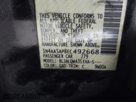 ✅ 2014 Nissan Maxima S • VIN: 1N4AA5AP8EC492668 • Lot: 43880468. Listed on IAAI with 209,091 mi. Free auction sales archive from the USA and detailed vehicle history report at DreamBid. Image 9.