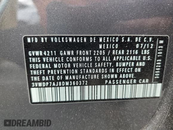 ✅ 2013 Volkswagen Jetta SE • VIN: 3VWDP7AJ8DM360372 • Lot: 51796725. Listed on Copart with 66,981 mi. Free auction sales archive from the USA and detailed vehicle history report at DreamBid. Image 12.