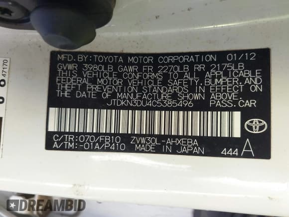 ✅ 2012 Toyota Prius Two • VIN: JTDKN3DU4C5385496 • Lot: 43432891. Wystawiony na IAAI z przebiegiem 262 823 mil. Bezpłatny archiwum sprzedaży aukcyjnych z USA i szczegółowy raport historii pojazdu na DreamBid. Zdjęcie 9.