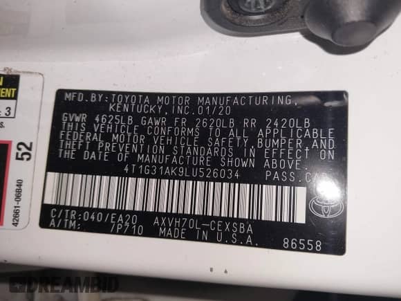 2020 Toyota Camry Hybrid SE с VIN 4T1G31AK9LU526034, выставлен на аукционе IAAI как лот 42722333 с пробегом 143 177 миль миль и . История ставок и продаж доступна на DreamBid. Изображение 9.