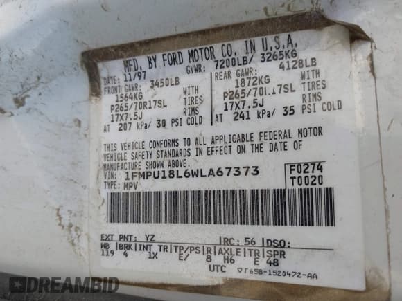 ✅ 1998 Ford Expedition XLT • VIN: 1FMPU18L6WLA67373 • Lot: 41786793. Wystawiony na IAAI z przebiegiem 170 949 mil. Bezpłatny archiwum sprzedaży aukcyjnych z USA i szczegółowy raport historii pojazdu na DreamBid. Zdjęcie 9.