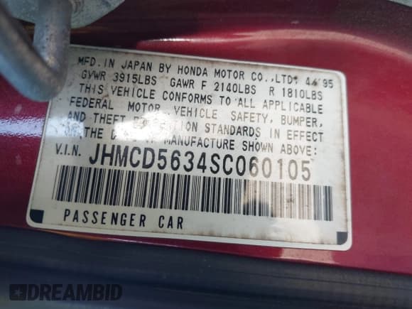 ✅ 1995 Honda Accord LX • VIN: JHMCD5634SC060105 • Lot: 42111394. Listed on IAAI with 217,635 mi. Free auction sales archive from the USA and detailed vehicle history report at DreamBid. Image 9.