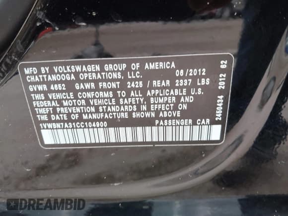 ✅ 2012 Volkswagen Passat SE • VIN: 1VWBN7A31CC104900 • Lot: 41191046. Listed on IAAI with 117,079 mi. Free auction sales archive from the USA and detailed vehicle history report at DreamBid. Image 9.