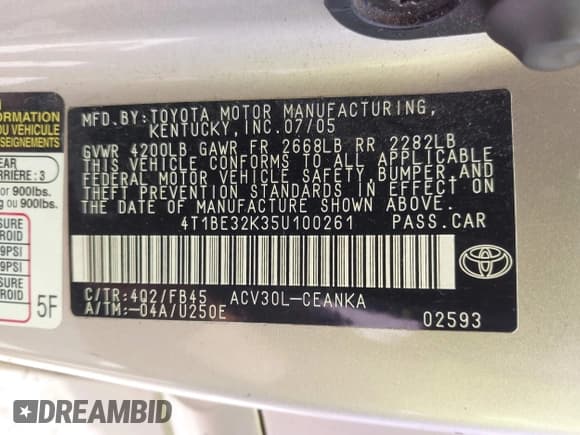 ✅ 2005 Toyota Camry STD • VIN: 4T1BE32K35U100261 • Lot: 43340699. Listed on IAAI with 150,001 mi. Free auction sales archive from the USA and detailed vehicle history report at DreamBid. Image 9.