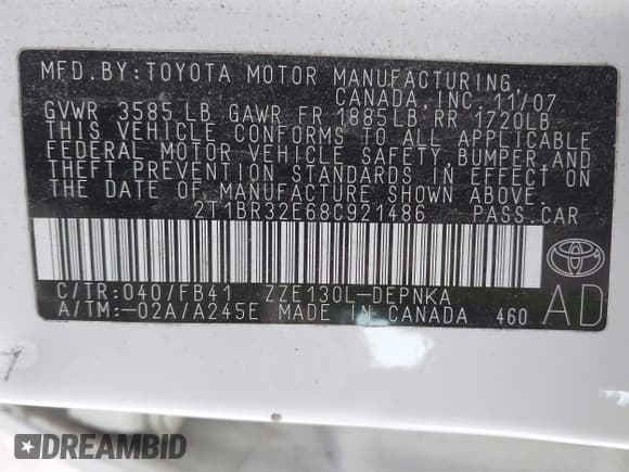 ✅ 2008 Toyota Corolla CE • VIN: 2T1BR32E68C921486 • Лот: 43661489. Опубликован ранее на IAAI с пробегом 86 159 миль. Бесплатный доступ к архиву аукционных продаж из США и подробный отчёт об истории автомобиля на DreamBid. Изображение 9.