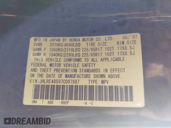 ✅ 2007 Honda CR-V EX • VIN: JHLRE48597C097887 • Lot: 43408012. Wystawiony na IAAI z przebiegiem 154 024 mil. Bezpłatny archiwum sprzedaży aukcyjnych z USA i szczegółowy raport historii pojazdu na DreamBid. Zdjęcie 9.